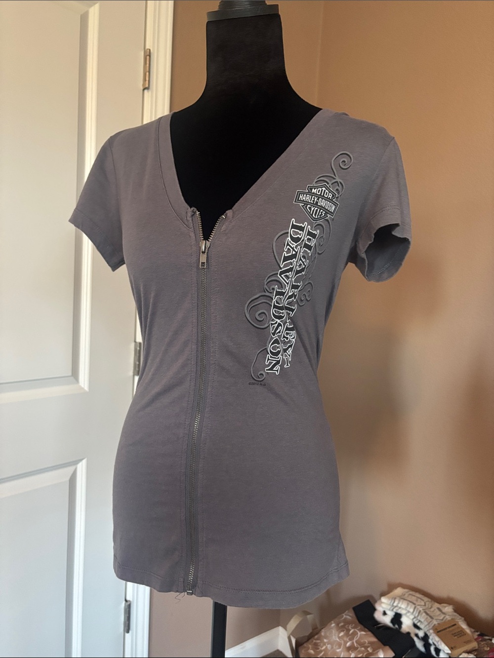 Harley-Davidson Women's Heather Gray Zip Front Short Sleeve Tee
